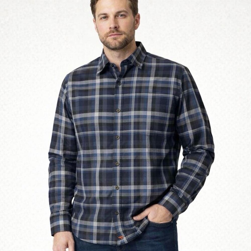 Thomas Dean Men’s XL Navy Gray Plaid Button Down Shirt Flip Cuffs 100% Cotton